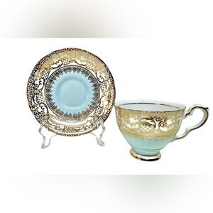 Royal Stafford 8251 Vintage Blue 22 kt Gold Gild Chintz Pattern Tea Cup & Saucer